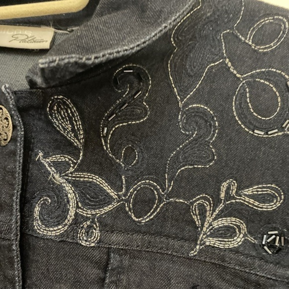 Chicos Platinum Stretchjacket womens 3 black denim button Silver Embroidery 3793 - Picture 4 of 10